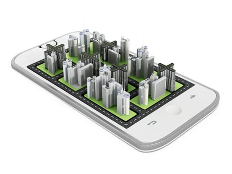 Modern city buildings on the smartphone screen. 3D illustration.