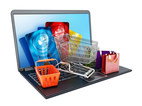 Shopping cart, credit cards and bags standing on laptop computer isolated on white background. 3D illustration.