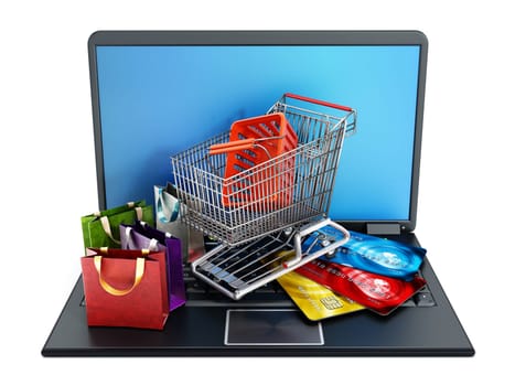 Shopping cart, credit cards and bags standing on laptop computer isolated on white background. 3D illustration.