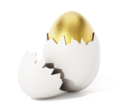 Golden egg inside white egg with broken shell. 3D illustration.