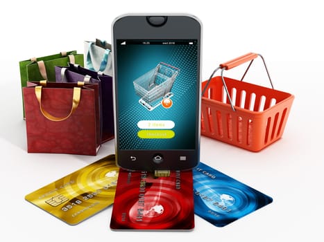 Smartphone, credit cards, shopping bags and basket isolated on white background. 3D illustration.