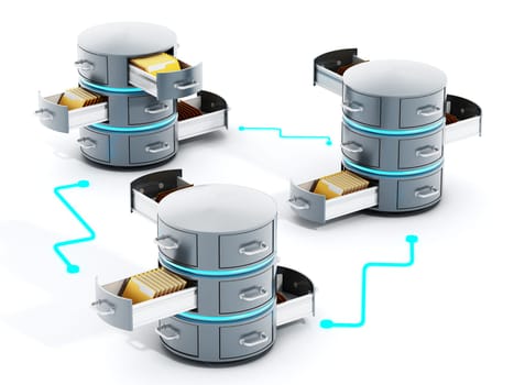 Connected data servers with open file racks. 3D illustration.