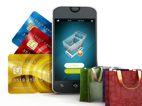 Smartphone, credit cards, shopping bags and basket isolated on white background. 3D illustration.