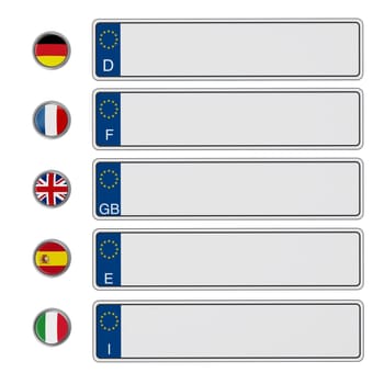 European Union license plates isolated on white background. 3D illustration.