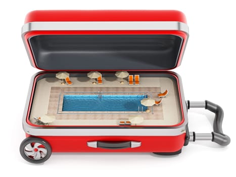 Swimming pool inside open red suitcase. 3D illustration.