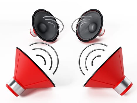 Four speakers with abstract wave isolated on white background. 3D illustration.