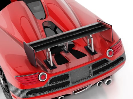Red race car with carbon fiber spoiler. 3D illustration.