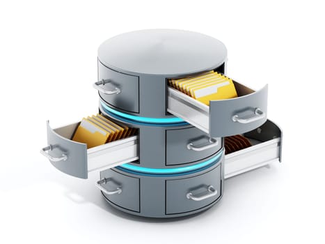 Data server with open file racks. 3D illustration.