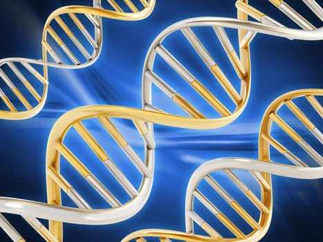 Gold and silver colored dna helix on blue surface. 3D illustration.