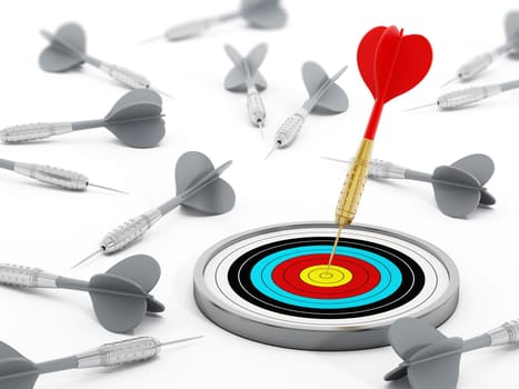 Red dart and target stand out among gray darts. 3D illustration.