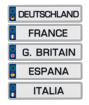 European Union license plates isolated on white background. 3D illustration.