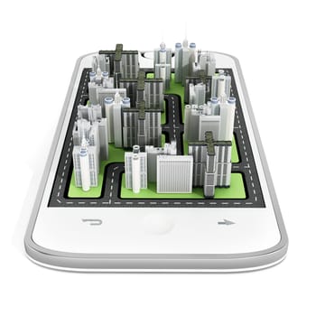 Modern city buildings on the smartphone screen. 3D illustration.