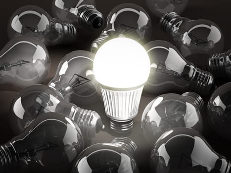 Energy efficient light bulb among standard light bulbs. 3d illustration.