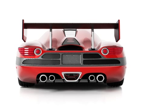 Red race car with carbon fiber spoiler. 3D illustration.