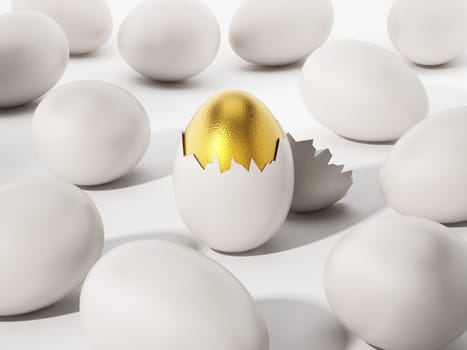 Golden egg among white eggs. 3D illustration.