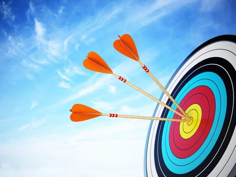 Three arrows hit at the center of the target. 3D illustration.