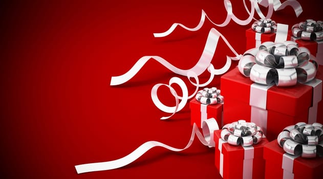 Giftboxes wrapped with red ribbon isolated on white background. 3D illustration.