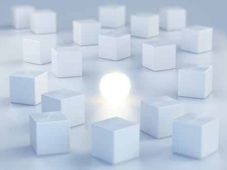 Sphere emitting light standing out among boxes. 3D illustration.