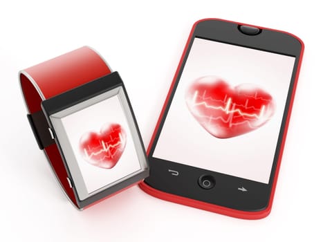 Smartphone and smartwatch with heart icon on the screen. 3D illustration.