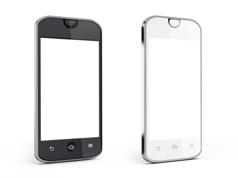 Black and white smartphones with reflection isolated on white background. 3D illustration.