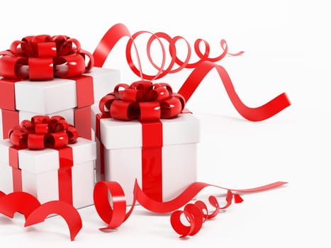 Giftboxes wrapped with red ribbon isolated on white background. 3D illustration.