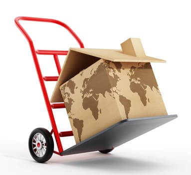House shaped cardboard box with world map texture on hand truck. 3D illustration.
