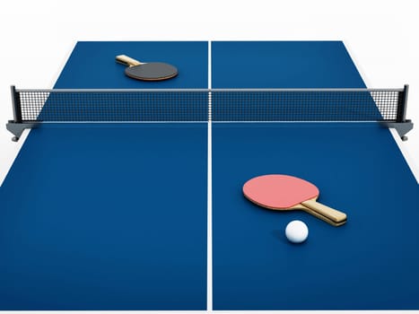 Ping pong table, rackets and ball. 3D illustration