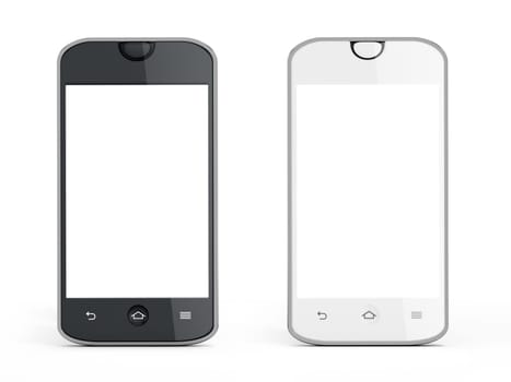 Black and white smartphones with reflection isolated on white background. 3D illustration.