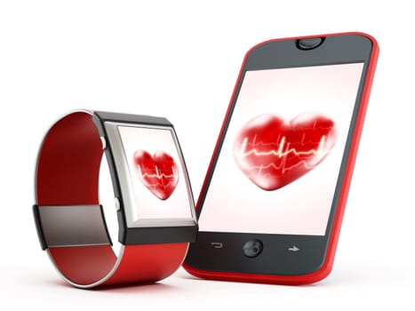 Smartphone and smartwatch with heart icon on the screen. 3D illustration.