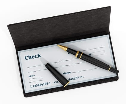 Pen standing on chekbook isolated on white background. 3D illustration.