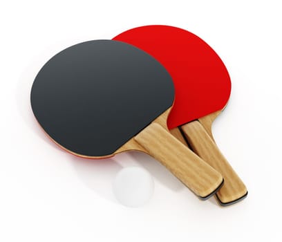 Ping pong or table tennis rackets isolated on white background. 3D illustration.