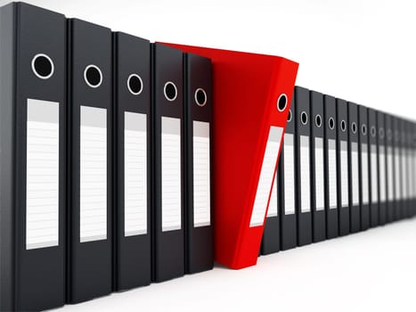 Red folder standing out from black folders. 3D illustration.