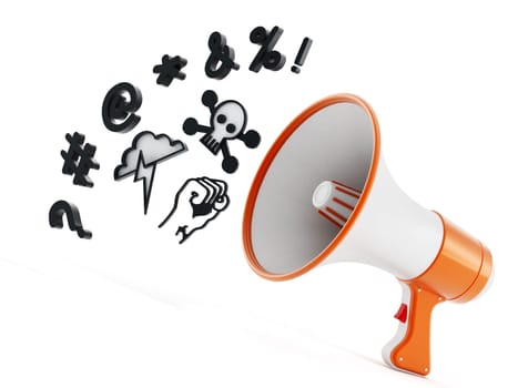 Megaphone with swearing symbols isolated on white background. 3D illustration.