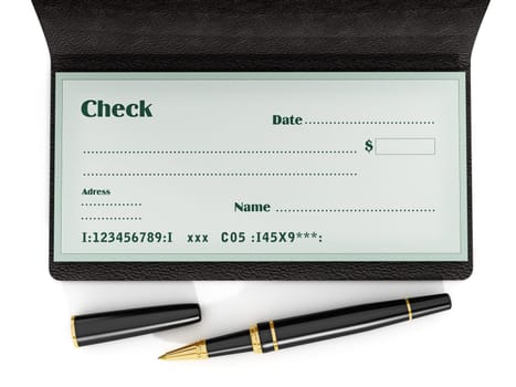 Pen standing on chekbook isolated on white background. 3D illustration.