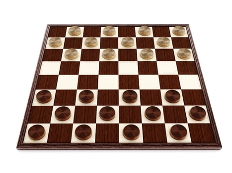 Checkers game board and pieces. 3D illustration.