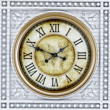 Gold and stone antique clock tower background. 3D illustration.