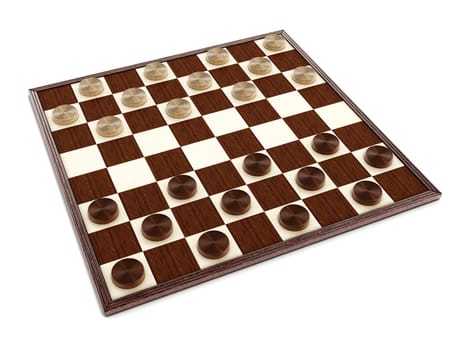 Checkers game board and pieces. 3D illustration.