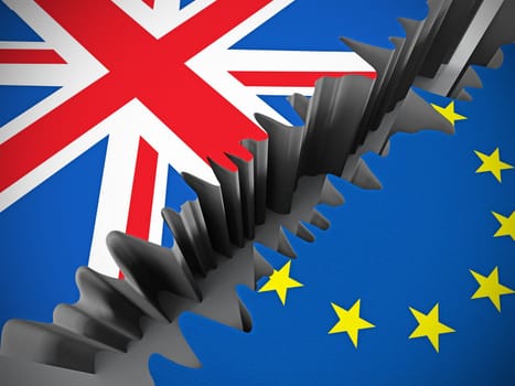 British and European Union flags separated by crack.