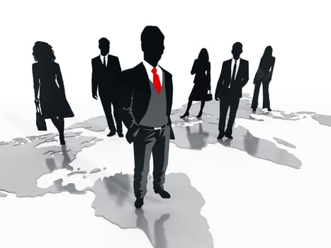 Business professionals standing on world map. 3D illustration.