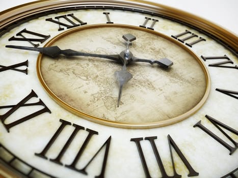 Gold antique clock tower background with minute and hour hands. 3D illustration.