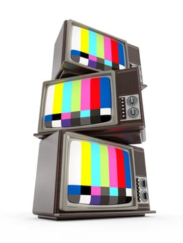 Old analogue television stack with test screen. 3D illustration.