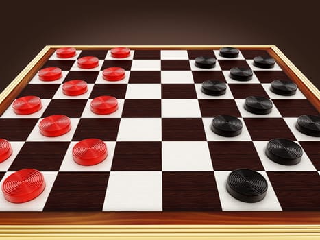 Checkers game board and pieces. 3D illustration.