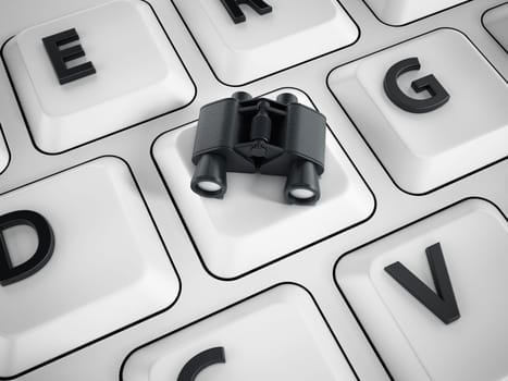 Binoculars standing on F key of a keyboard. 3D illustration.