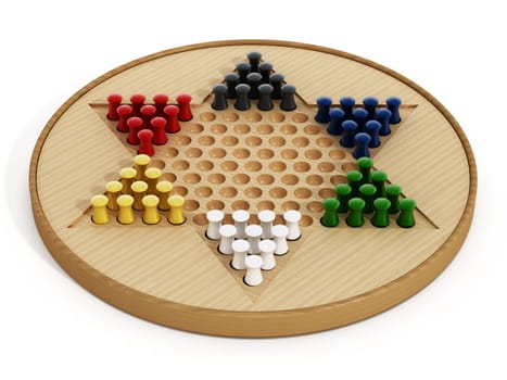 Chinese checkers board and pawns isolated on white background. 3D illustration.