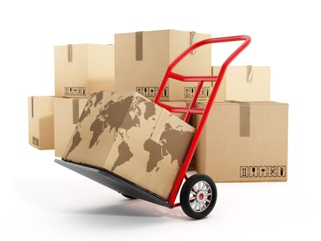 Cardboard boxes with earth shape on truck hand trolley. 3D illustration.