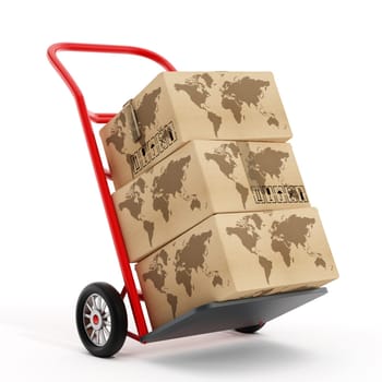 Cardboard boxes with earth shape on truck hand trolley. 3D illustration.