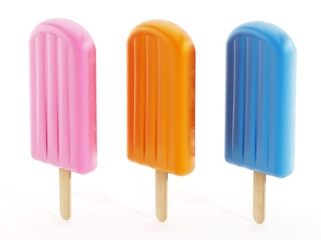 Pink, orange and blue ice creams on wooden stick. 3D illustration.