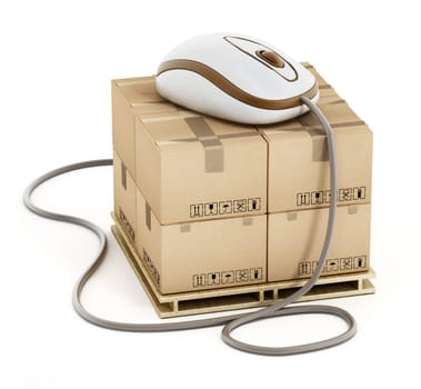 Cable mouse connected to cargo boxes isolated on white background. 3D illustration.