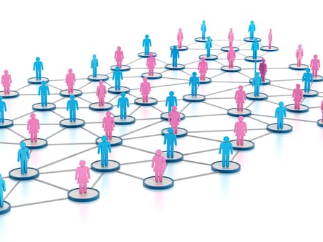 Man and woman silhouettes on green dots connected to each other. 3D illustration.
