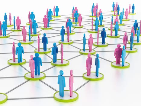 Man and woman silhouettes on green dots connected to each other. 3D illustration.